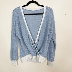 Boutique Womens Small S Blue Waffle Knit VNeck Wrap Sweater Colorblock Gray